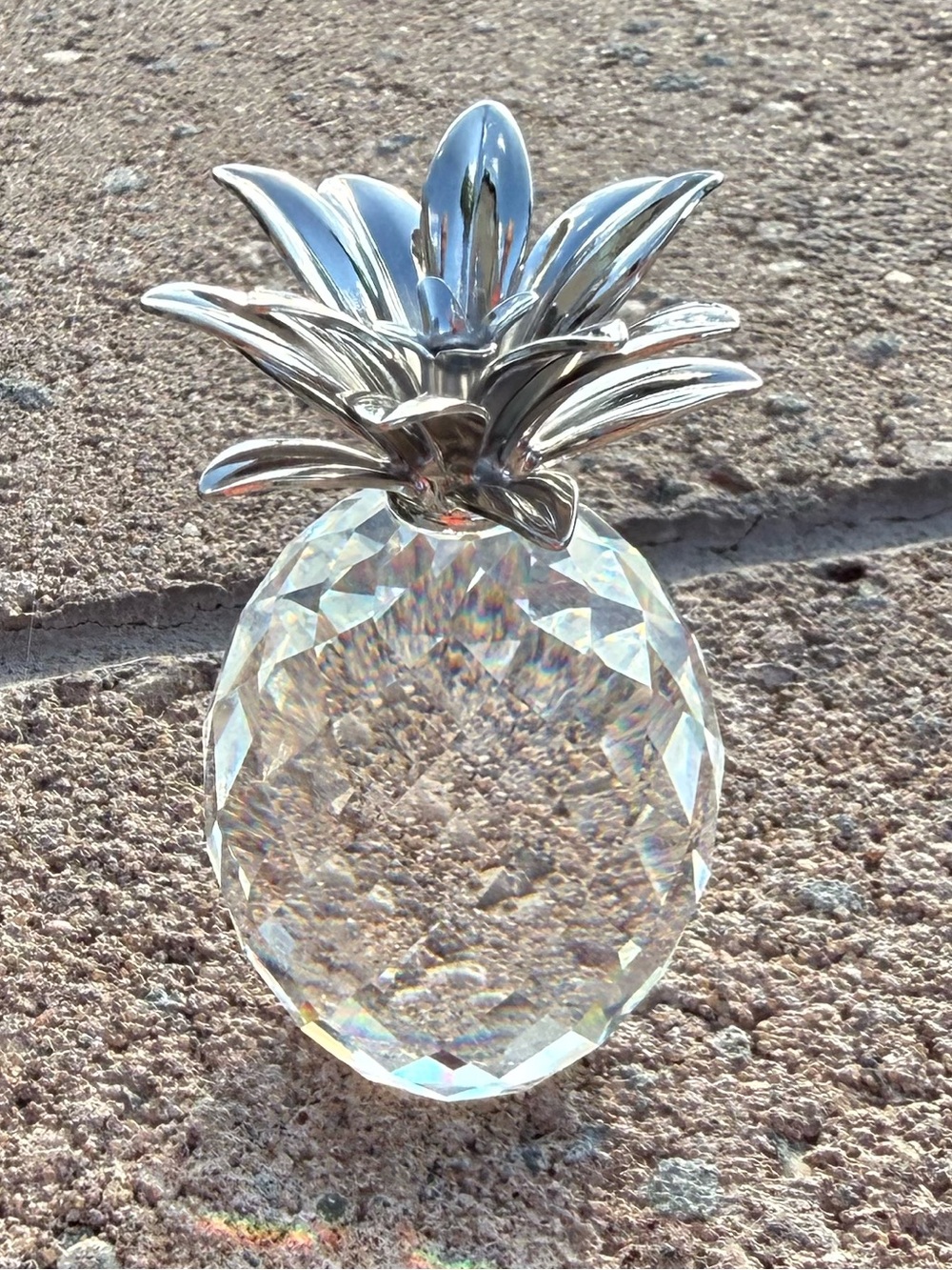 Swarovski Signed Crystal Pineapple Figurine Silver-Tone Leaves Faceted Cut